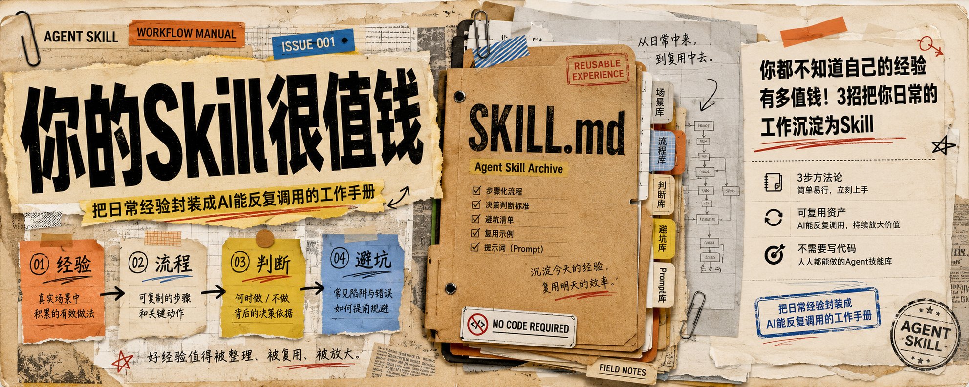 你都不知道自己的经验有多值钱！一行代码不用写，三招把你日常的工作沉淀为skill。